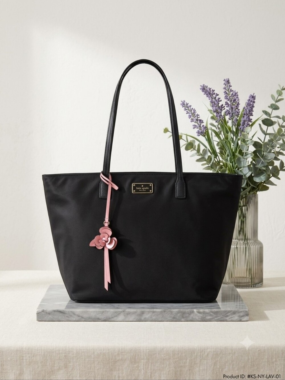 Kate Spade Nylon Black Tote with Pink Flower Charm Accent